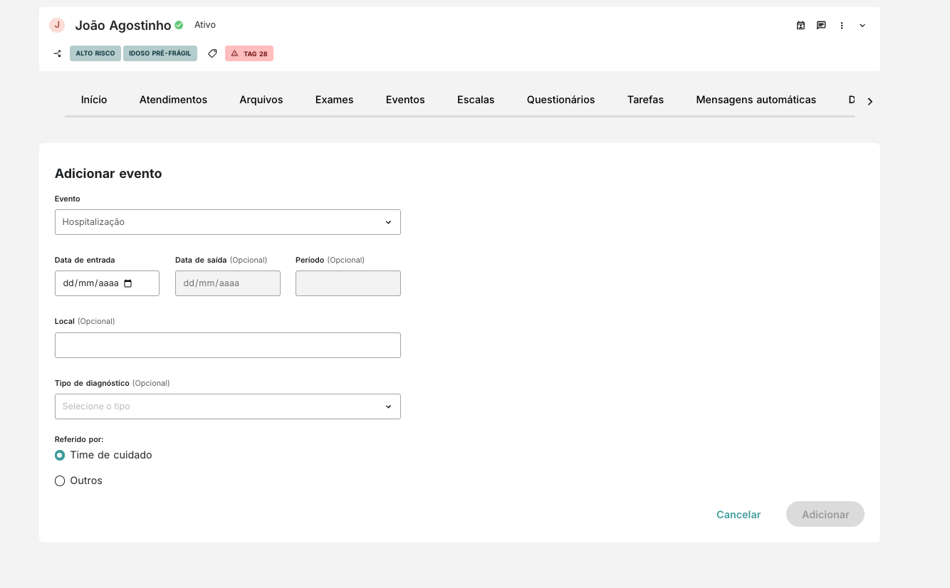 Tela para registro de cirurgia