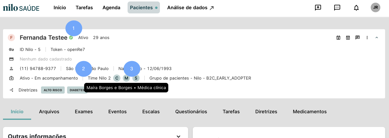 Tela demonstrando time de cuidado do paciente
