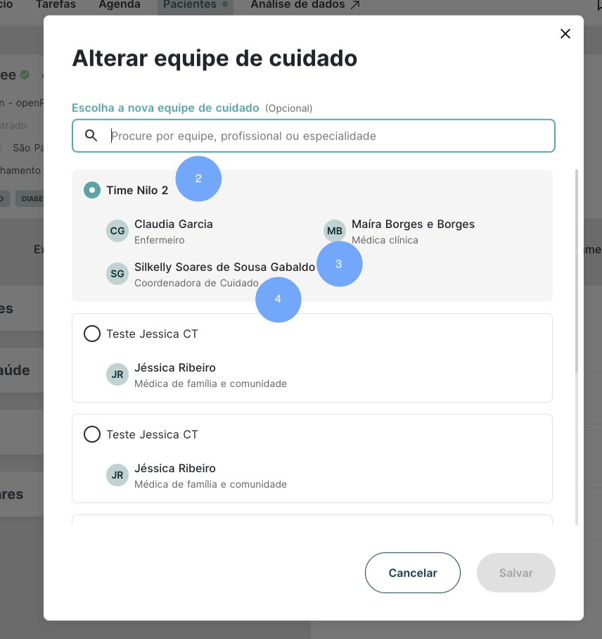 Tela de cadastro de time de cuidado